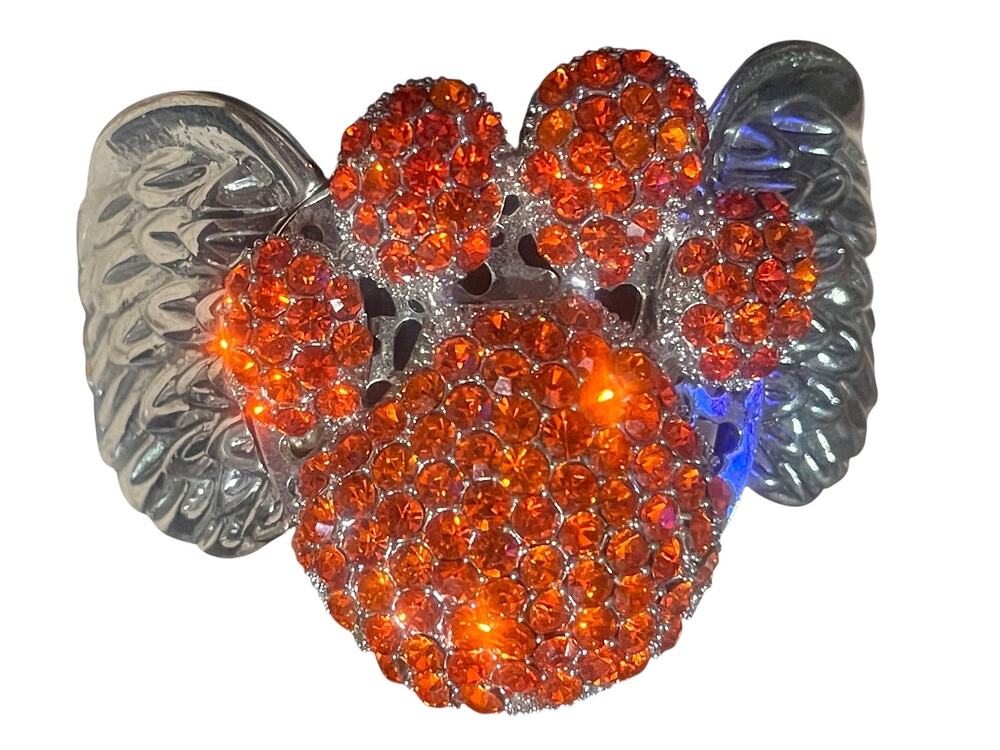 Orange Crystal Paw Bangle Stretch Bracelet with Angel Wings Silvertone